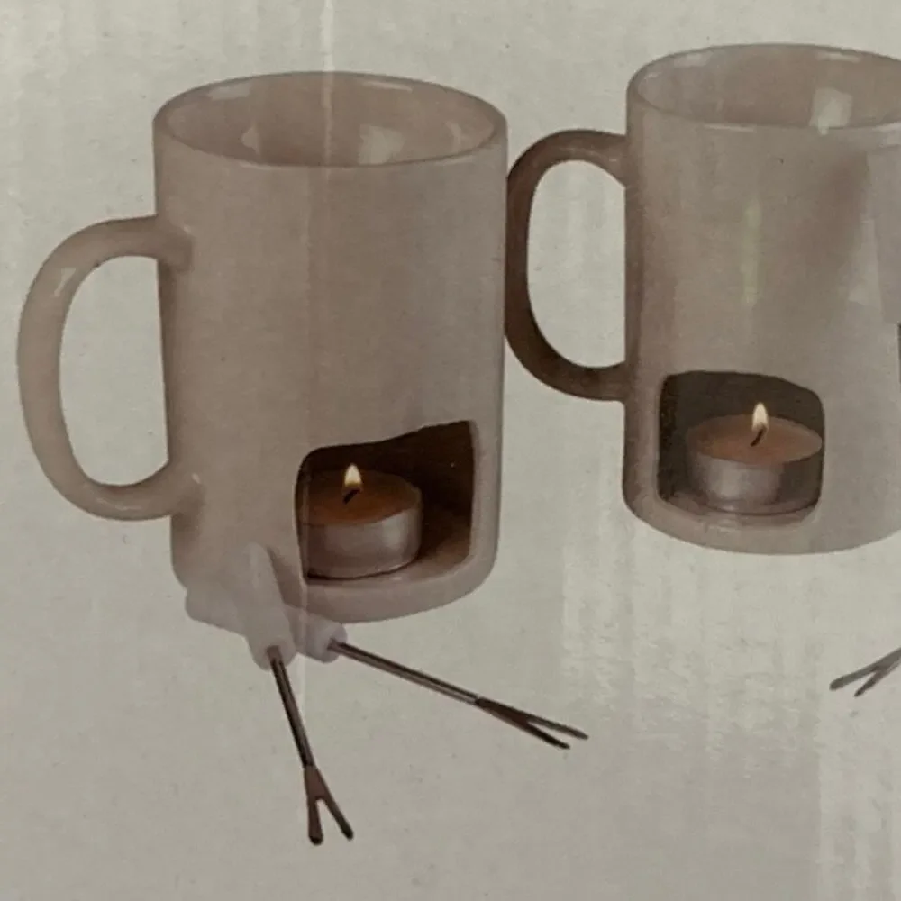 Evelots Classic Personal White Fondue Mugs, set of 2, 4 Forks, Tea Lights